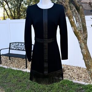 bebe Black Bodycon Dress Faux Leather Whipstitch Fringe Hem Long Sleeve Size 2